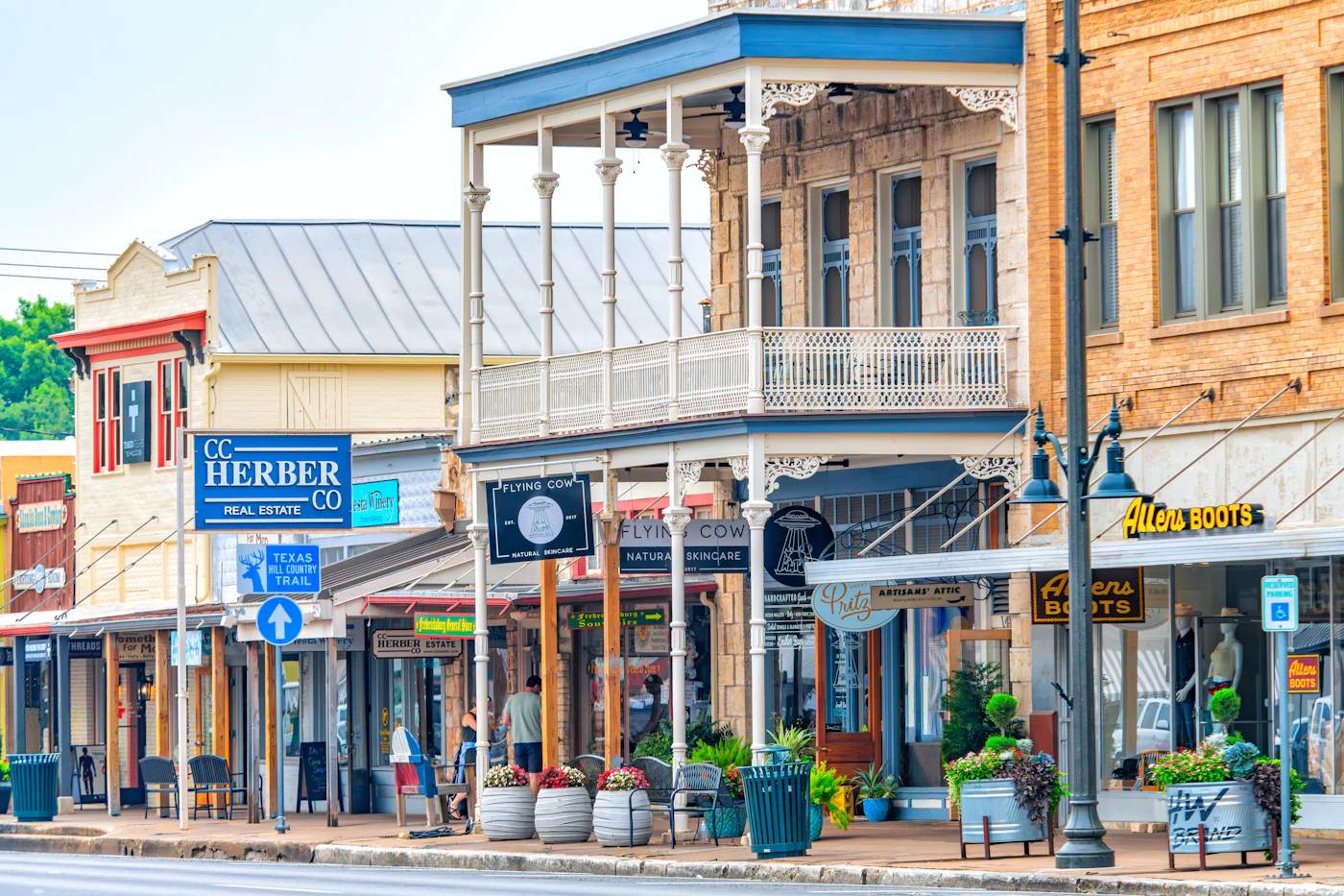 Historic storefronts along a small-town main street